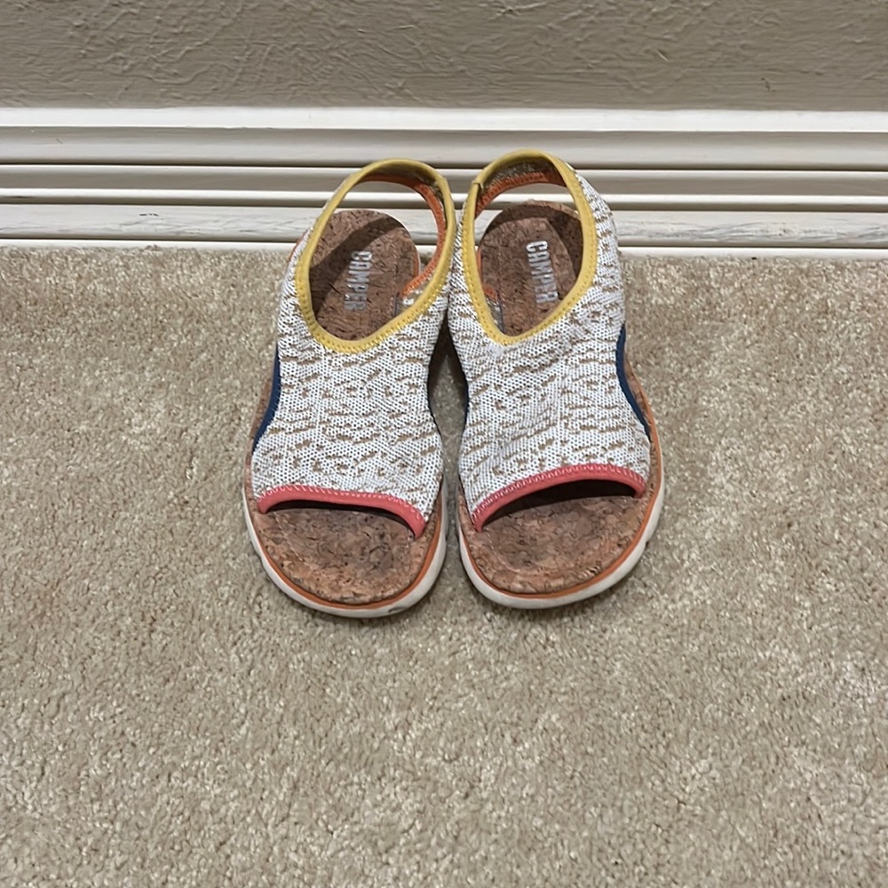 Camper sandals, size 5, multicolored, orange, blue, yellow, and beige